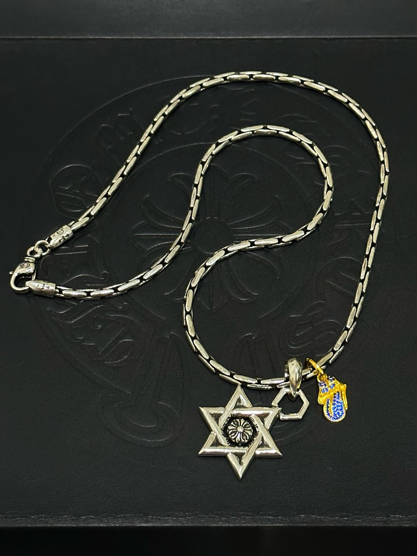 Chrome Hearts Silver Star of David Necklace with Blue Enamel Charm